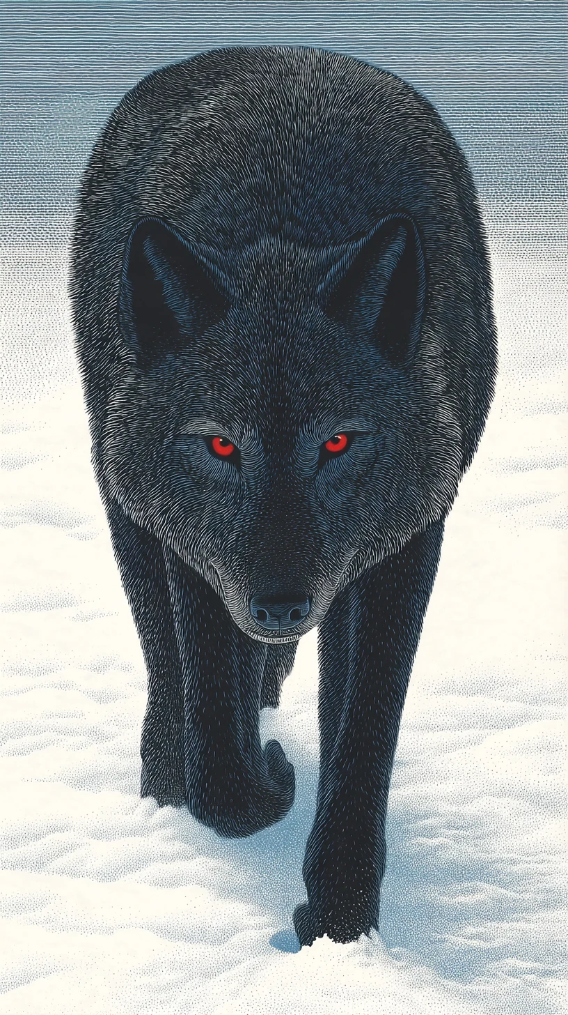 Lobo negro de olhos vermelhos caminhando na neve de inverno