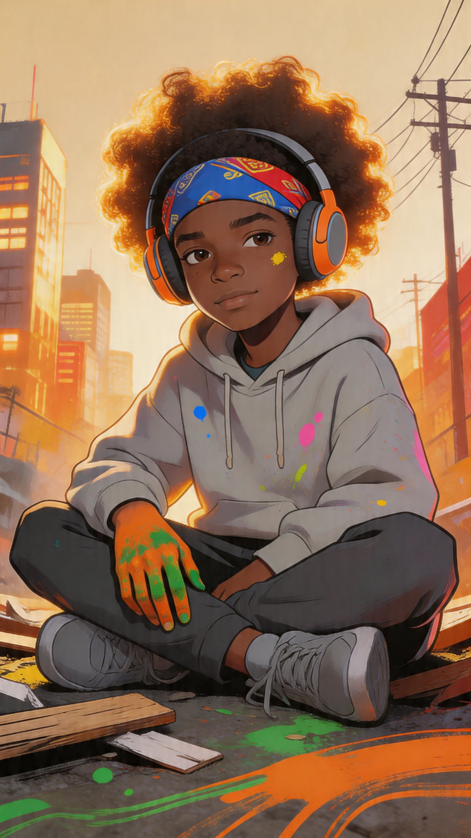 Boy with glowing afro in a vibrant urban cityscape