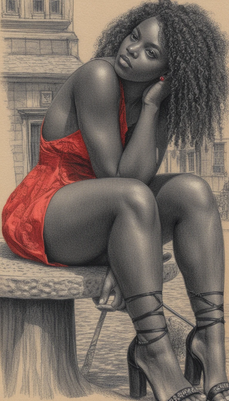 Donna sensuale accanto a una fontana di pietra in illustrazione a matite colorate