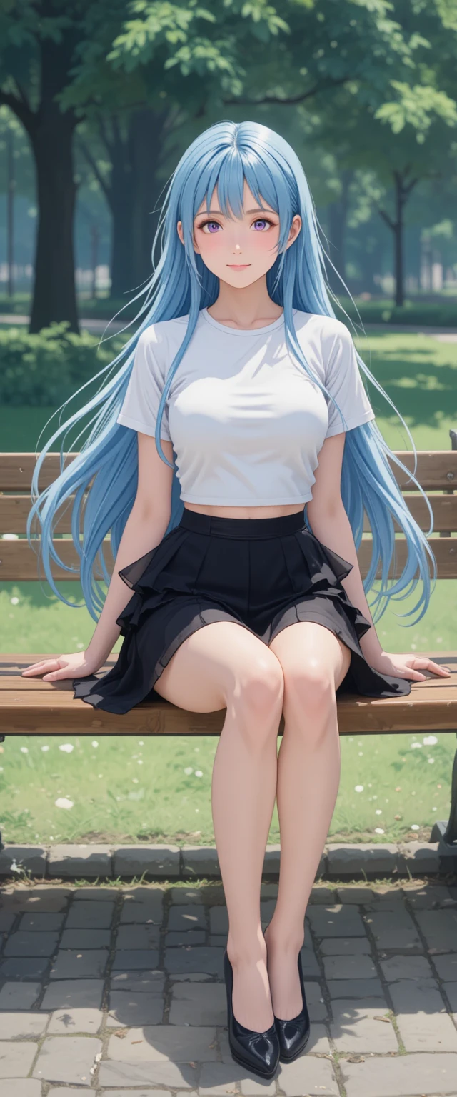 Anime girl with blue hair sitting on a park bench