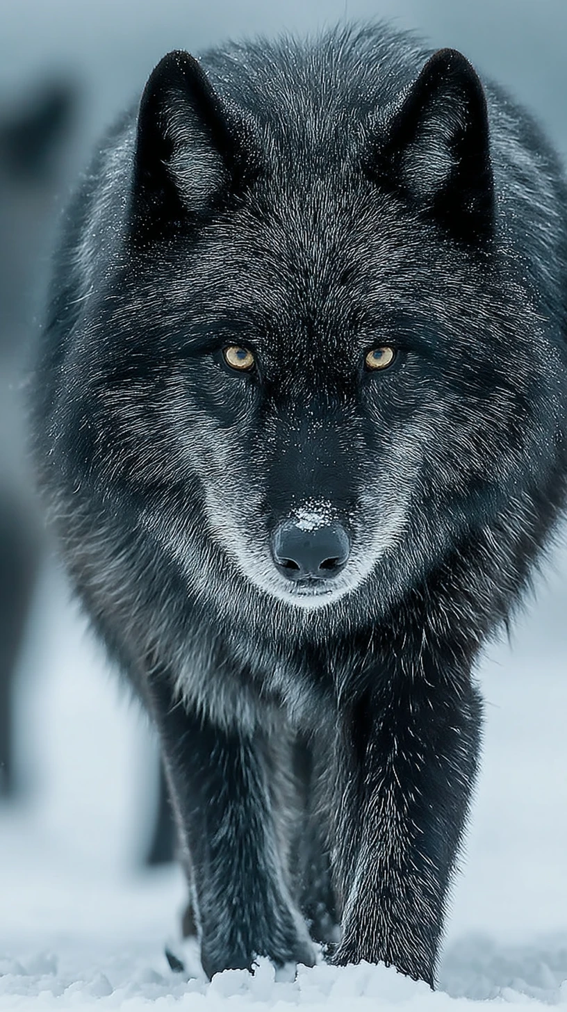 Lobo negro caminhando pela neve imaculada em direção ao observador
