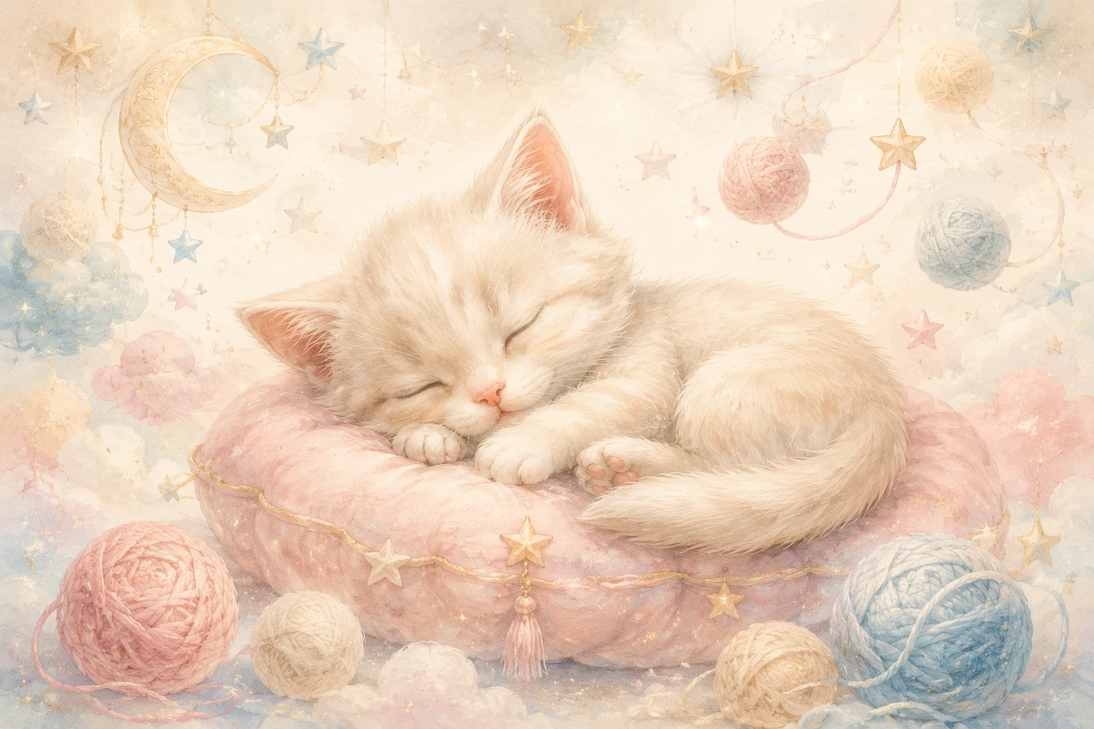 Illustration d’un chaton couleur crème dormant sur un coussin pastel de chambre de bébé