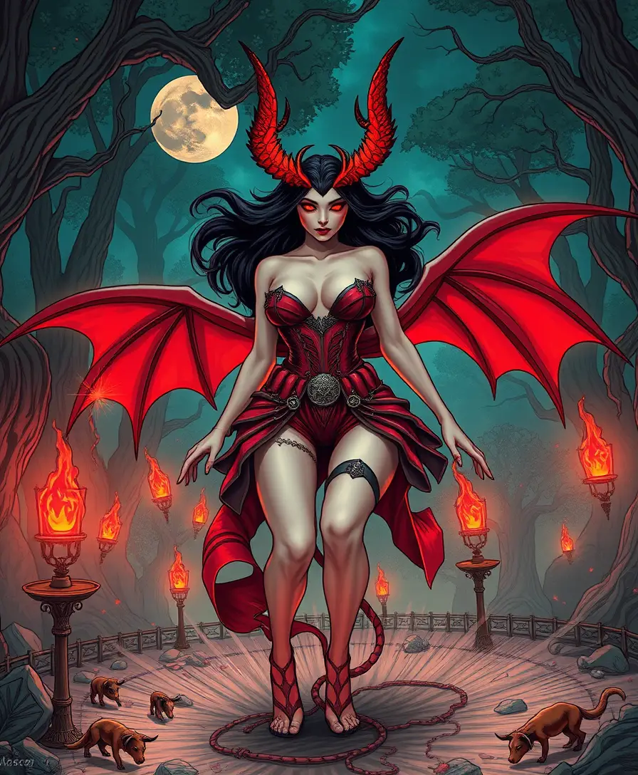 Cena de fantasia pop surrealista com uma mulher demônio sensual