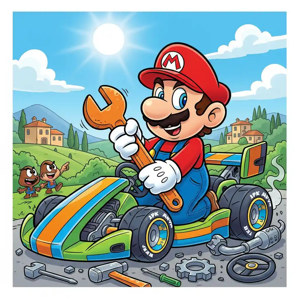 Playful Cartoon Mechanic Beside A Colorful Racing Kart