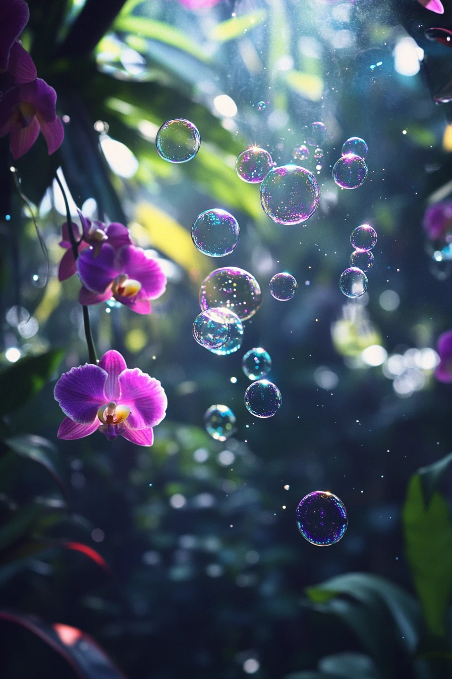 Orquídea Brillante en una Selva Nebulosa con Burbujas Flotantes