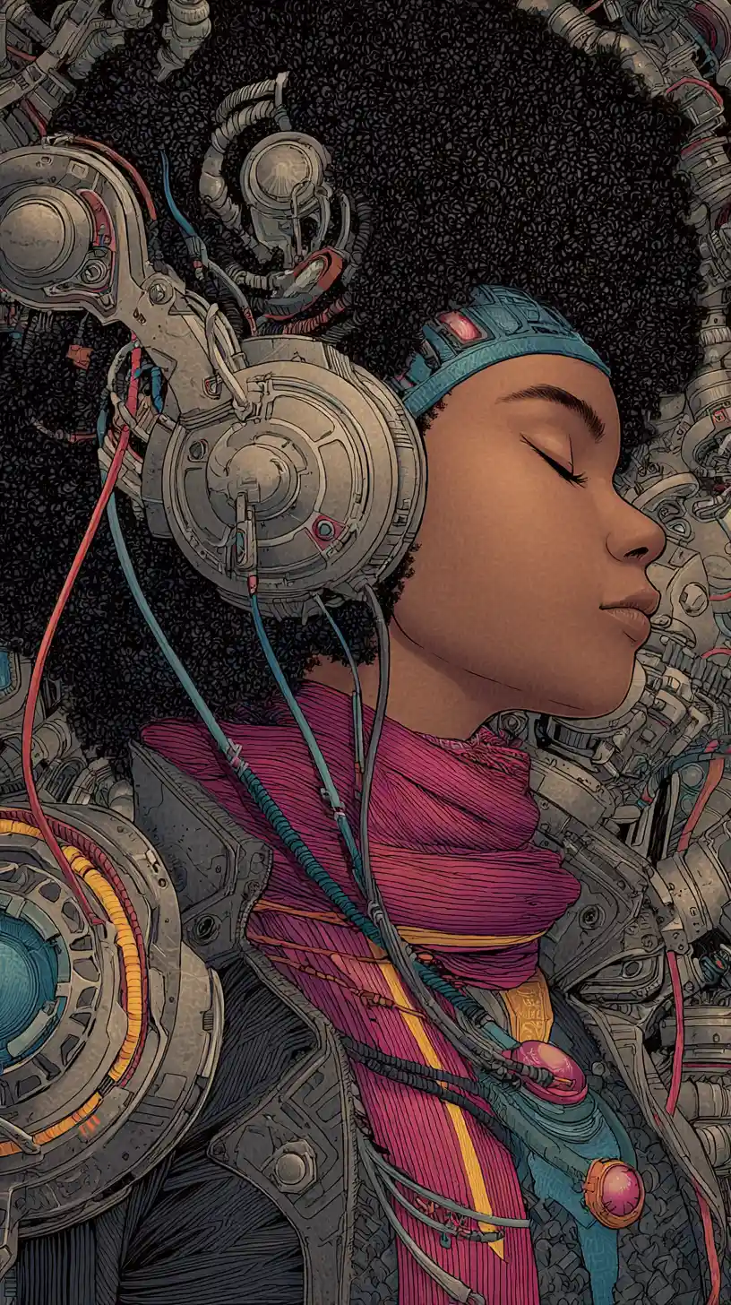 Cybernetic woman in profile wearing ornate silver headphones