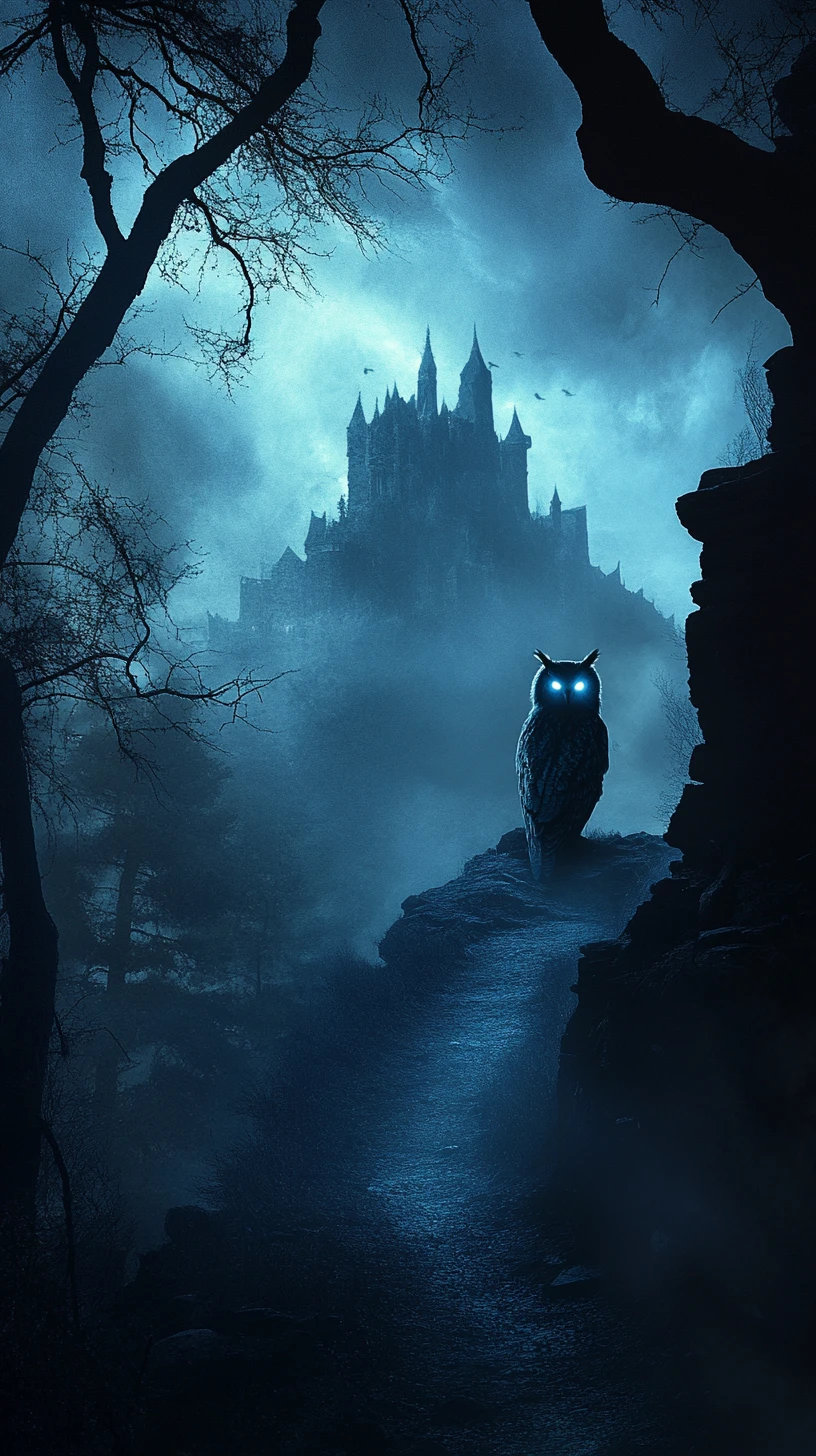 Coruja fantasmagórica sobre castelo em paisagem de fantasia sombria