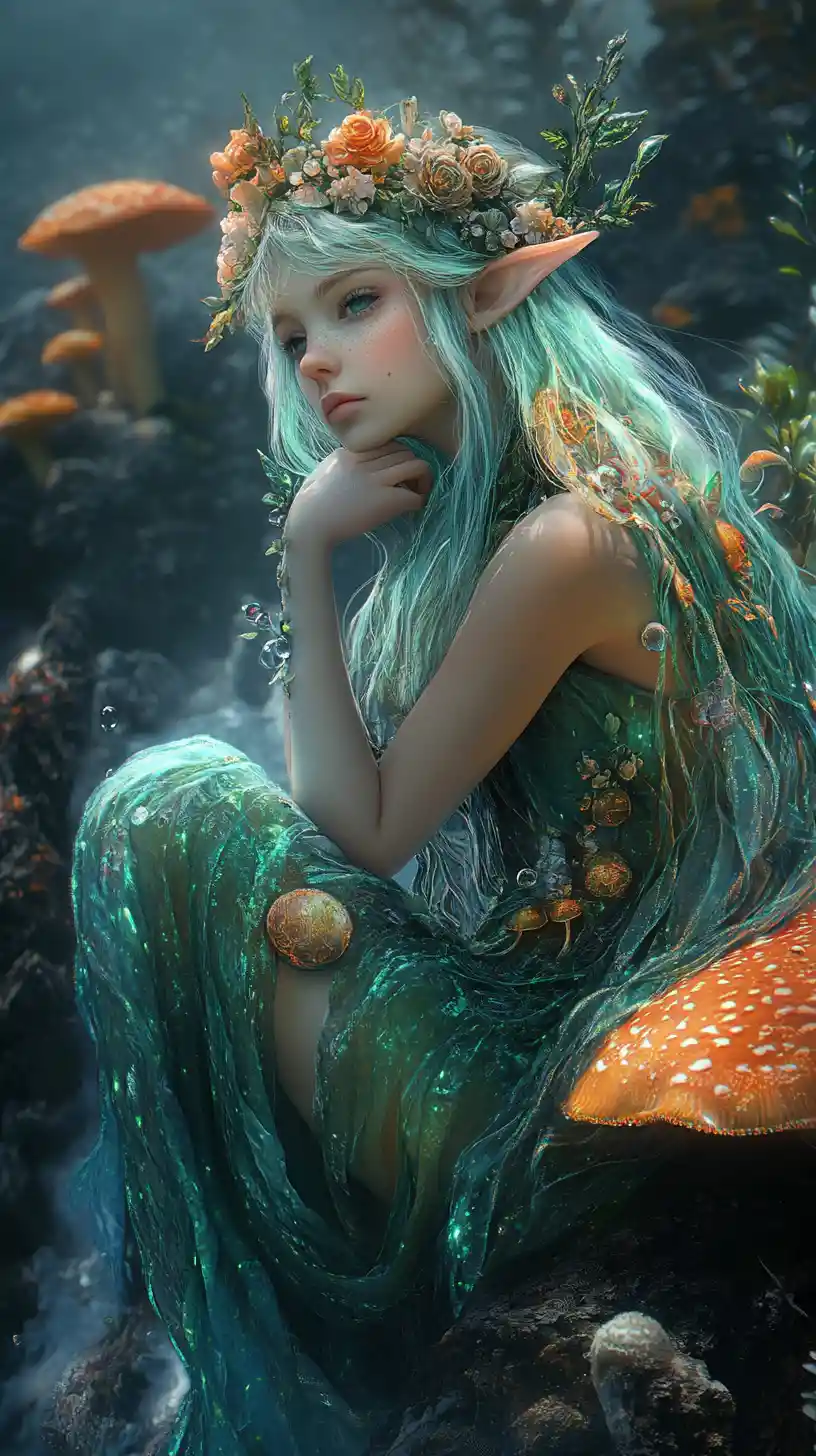 Contemplative fairy girl on glowing bioluminescent mushrooms