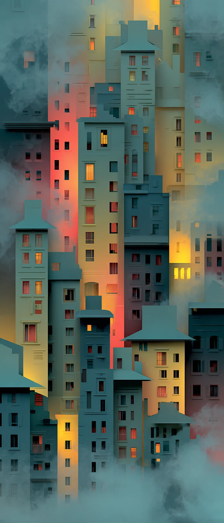 Skyline cittadino a strati in papercut con atmosfera nebbiosa al neon
