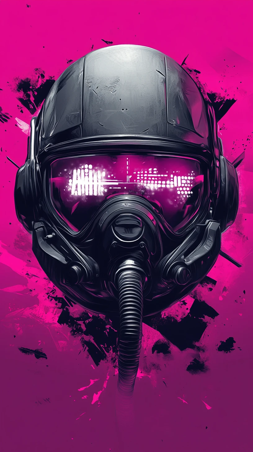 Casque de pilote futuriste avec visière néon magenta - portrait