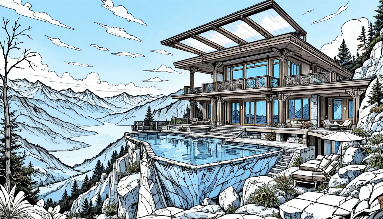 Domaine de montagne de luxe avec sky pool au-dessus de pics rocheux