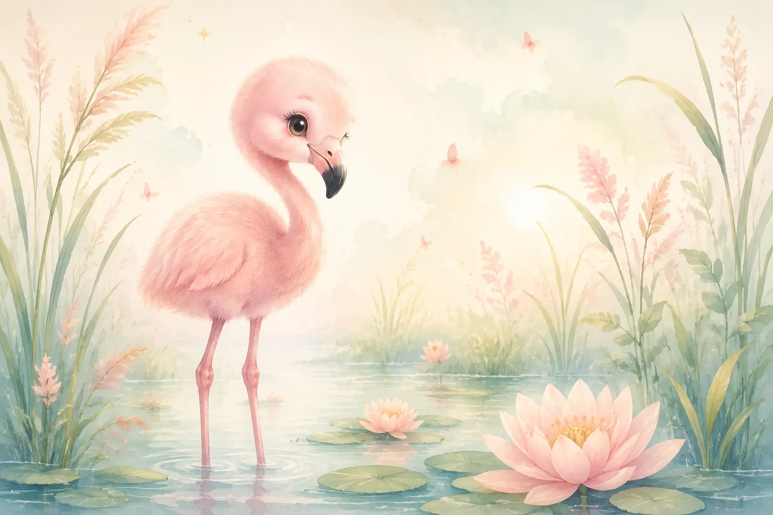 Süßes Baby-Flamingo in sanfter Sumpflandschaft fürs Kinderzimmer