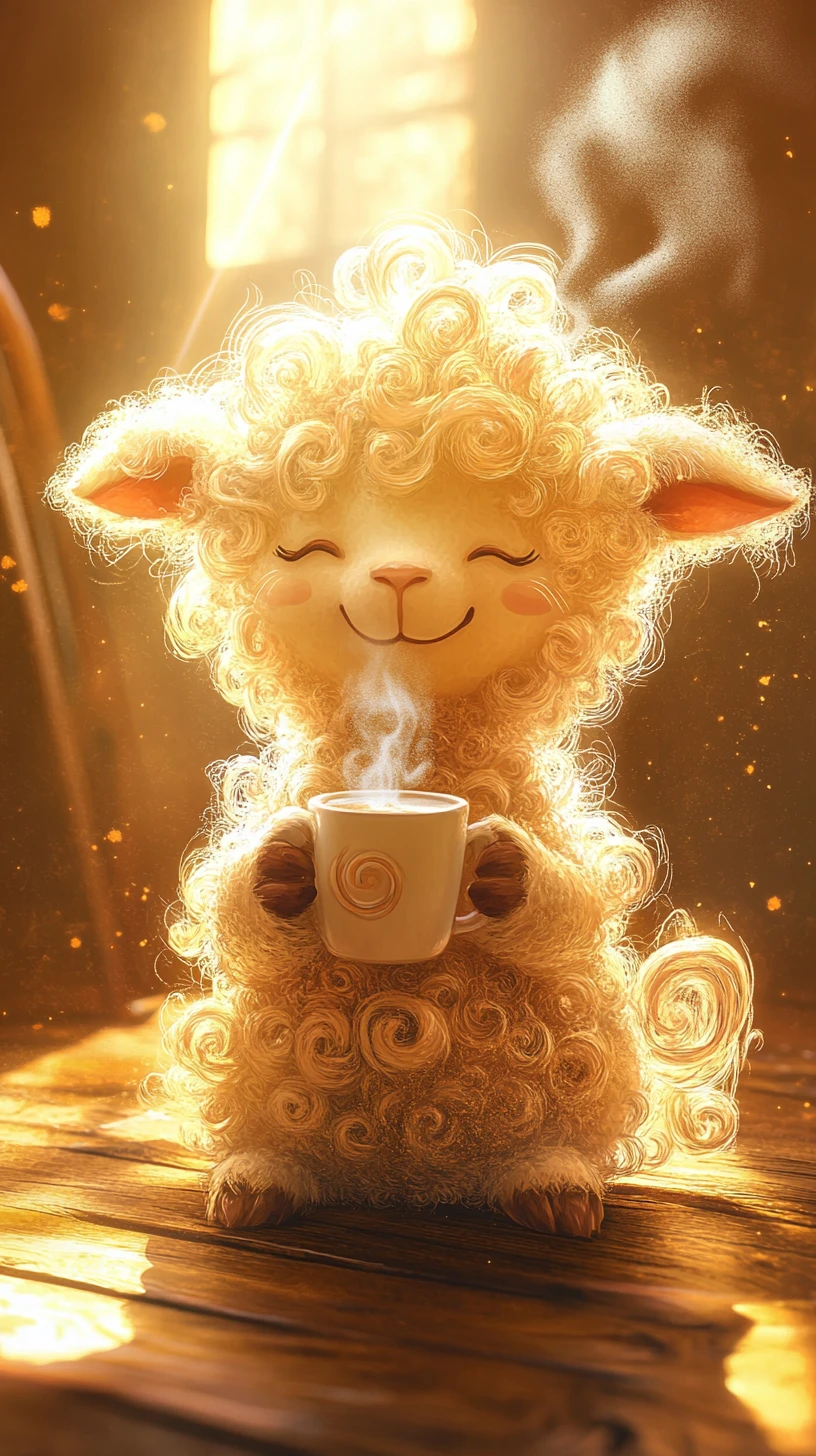 Adorable corderito esponjoso con taza a la cálida luz dorada