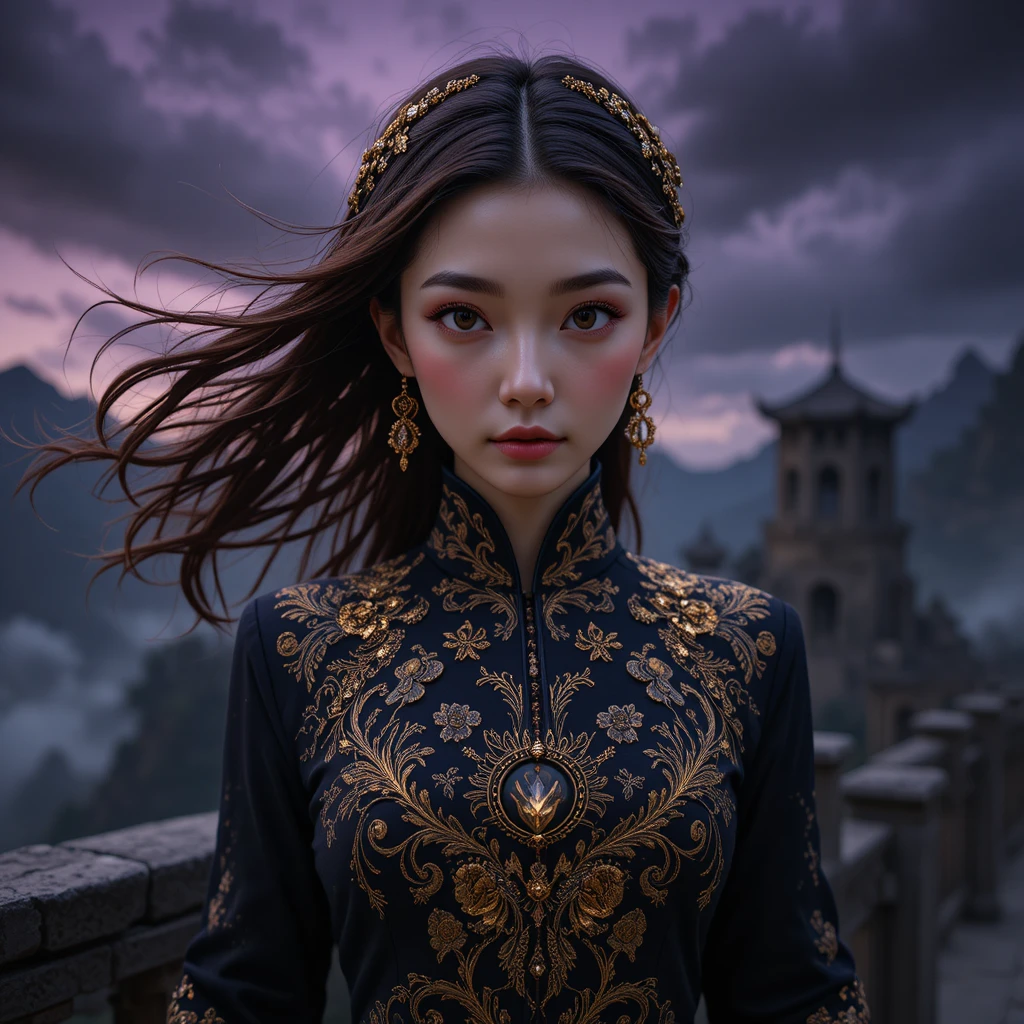 Étudiant coréen de première année en brocart d’obsidienne sur le balcon d’une forteresse en pleine tempête