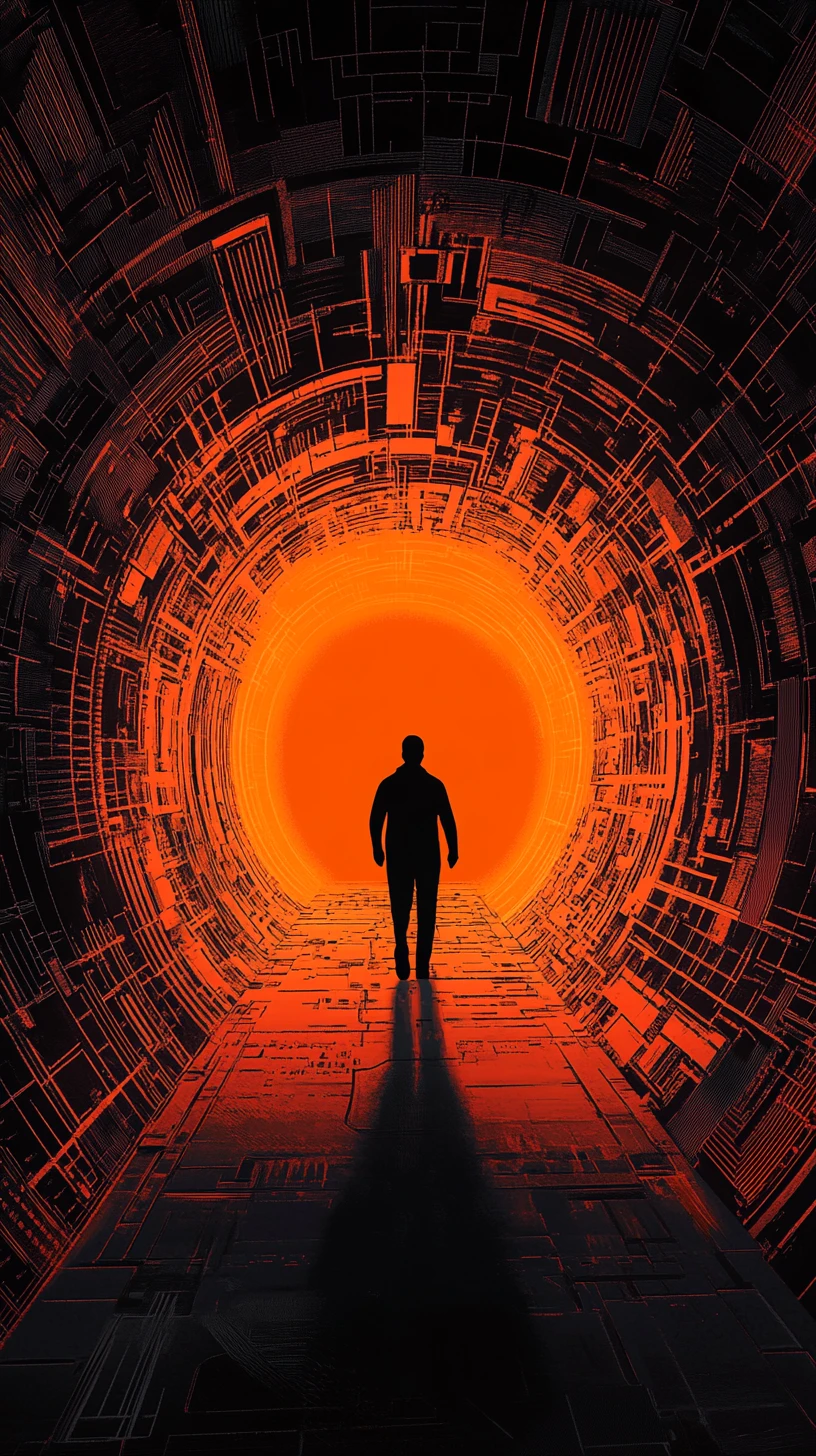 Figura em silhueta caminhando em direção à luz laranja brilhante do túnel