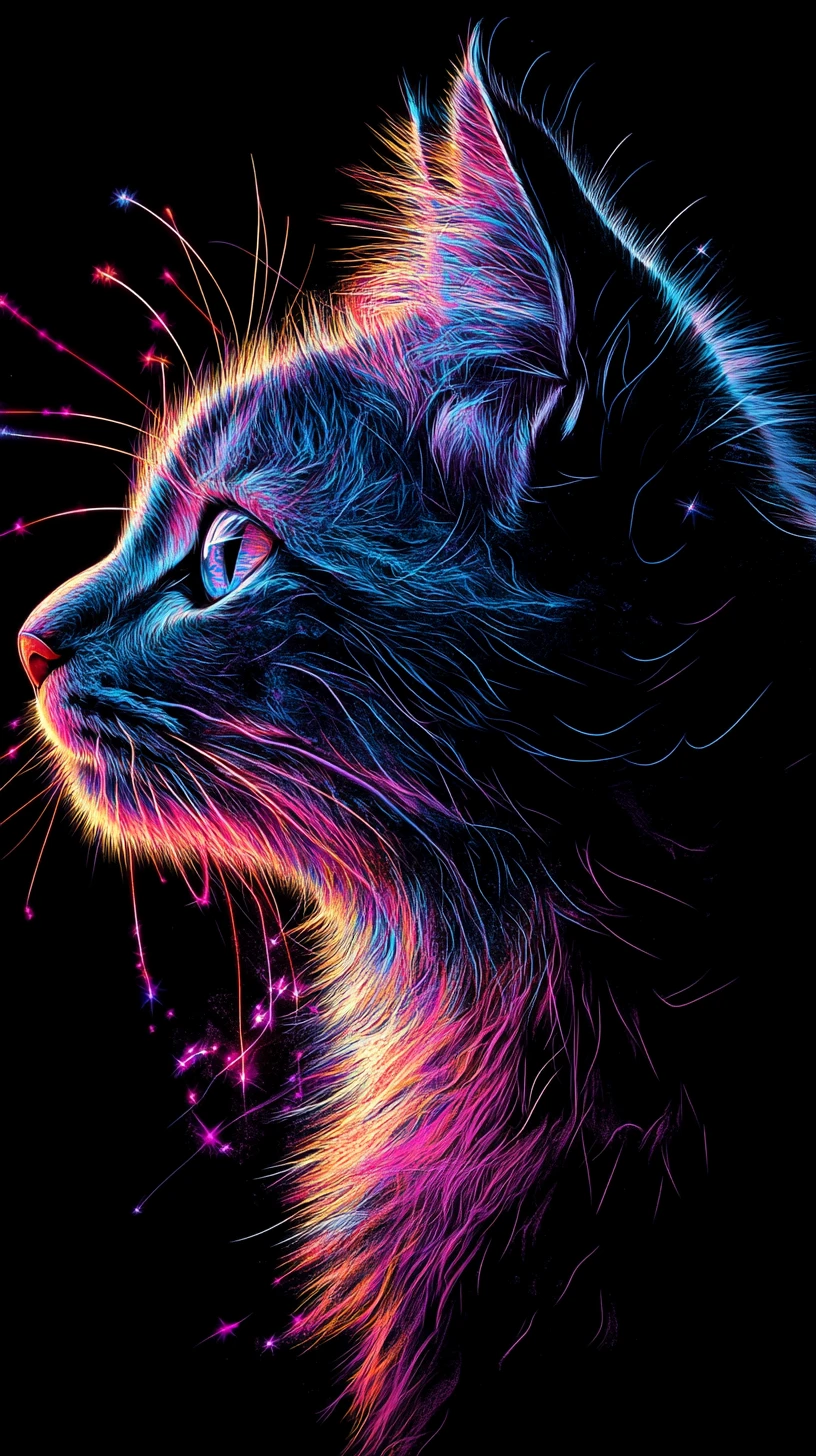 Retrato majestoso de gato em estilo mosaico neon com dupla exposição