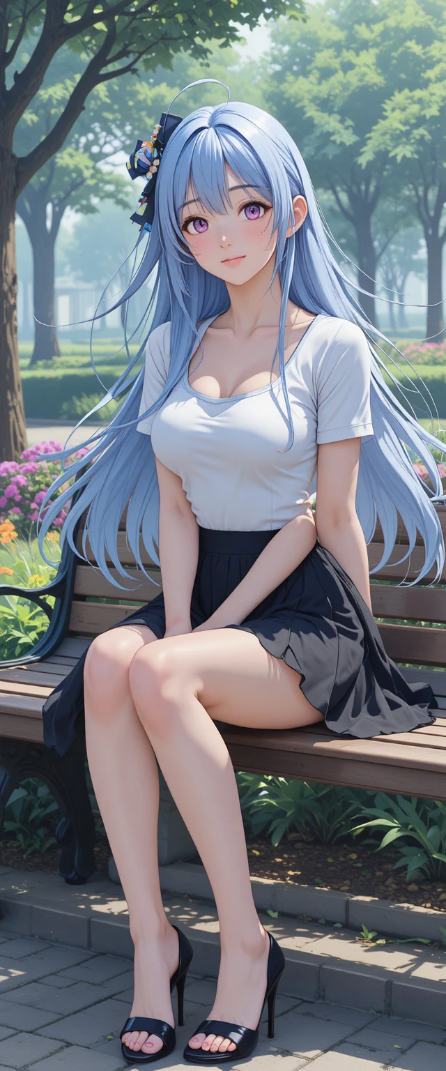 Fille d’anime aux cheveux bleus assise sur un banc de parc