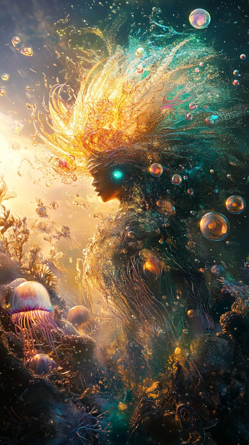 Majestic water deity rising from the dark ocean depths