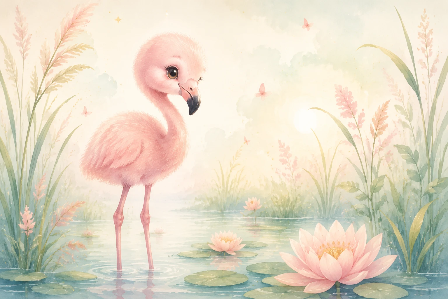 Fofo filhote de flamingo em ilustração suave de pântano para quarto infantil