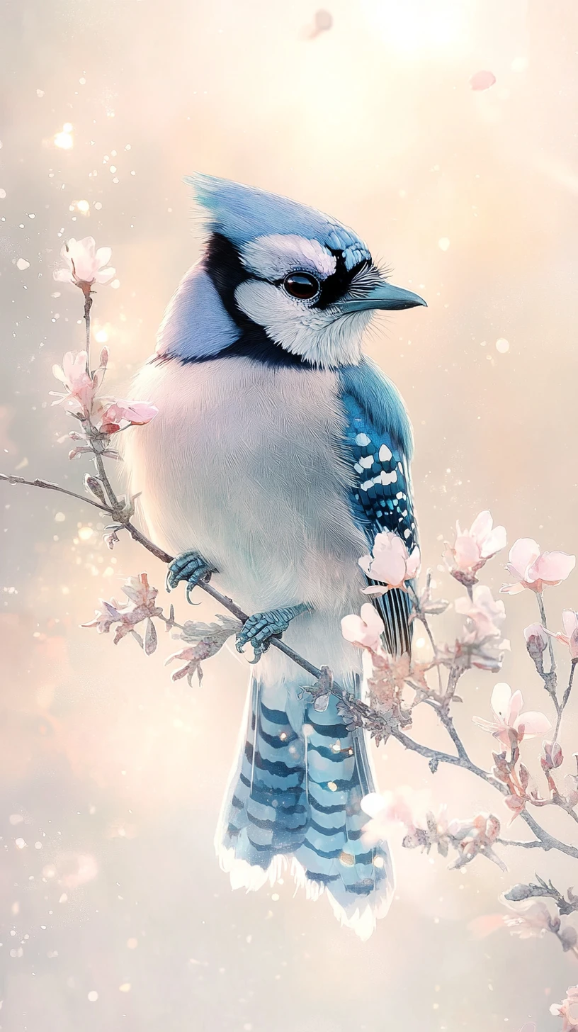 Ghiandaia azzurra su ramo in fiore in illustrazione fantasy onirica