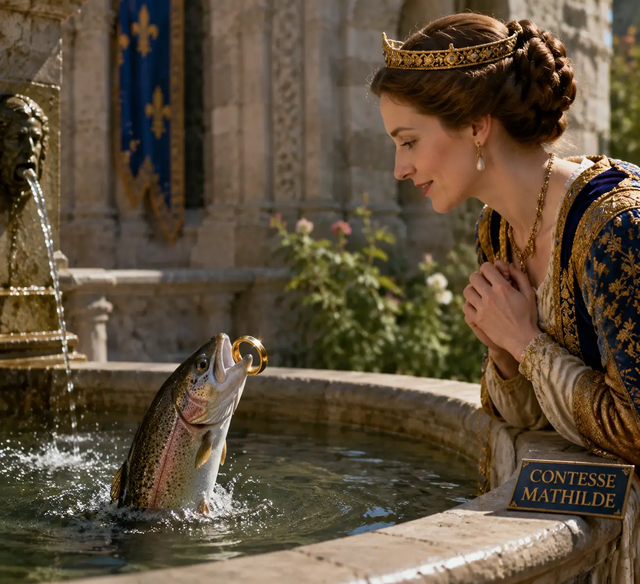 Trout With Golden Ring Emerging From Fountain For Countess