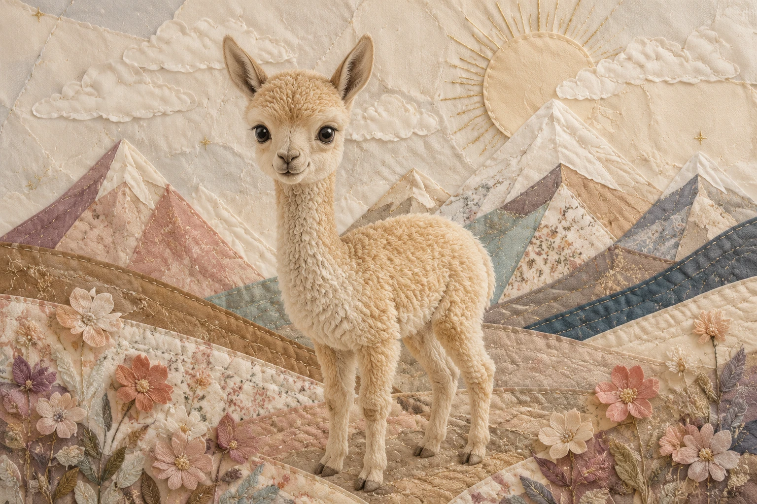Papercraft collage of a fluffy baby llama in mountains