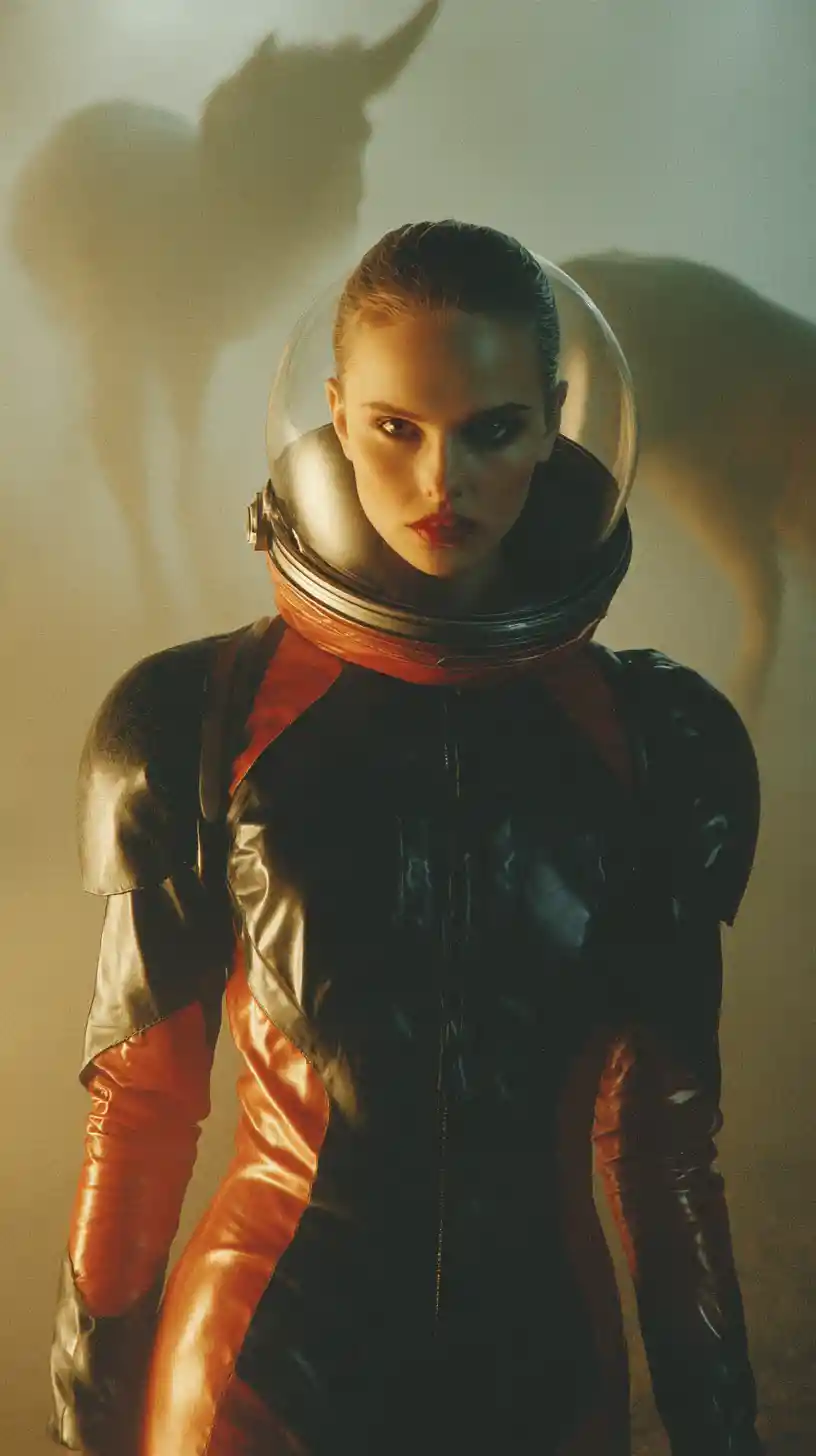 Astronauta mulher em traje preto e vermelho em um mundo alienígena