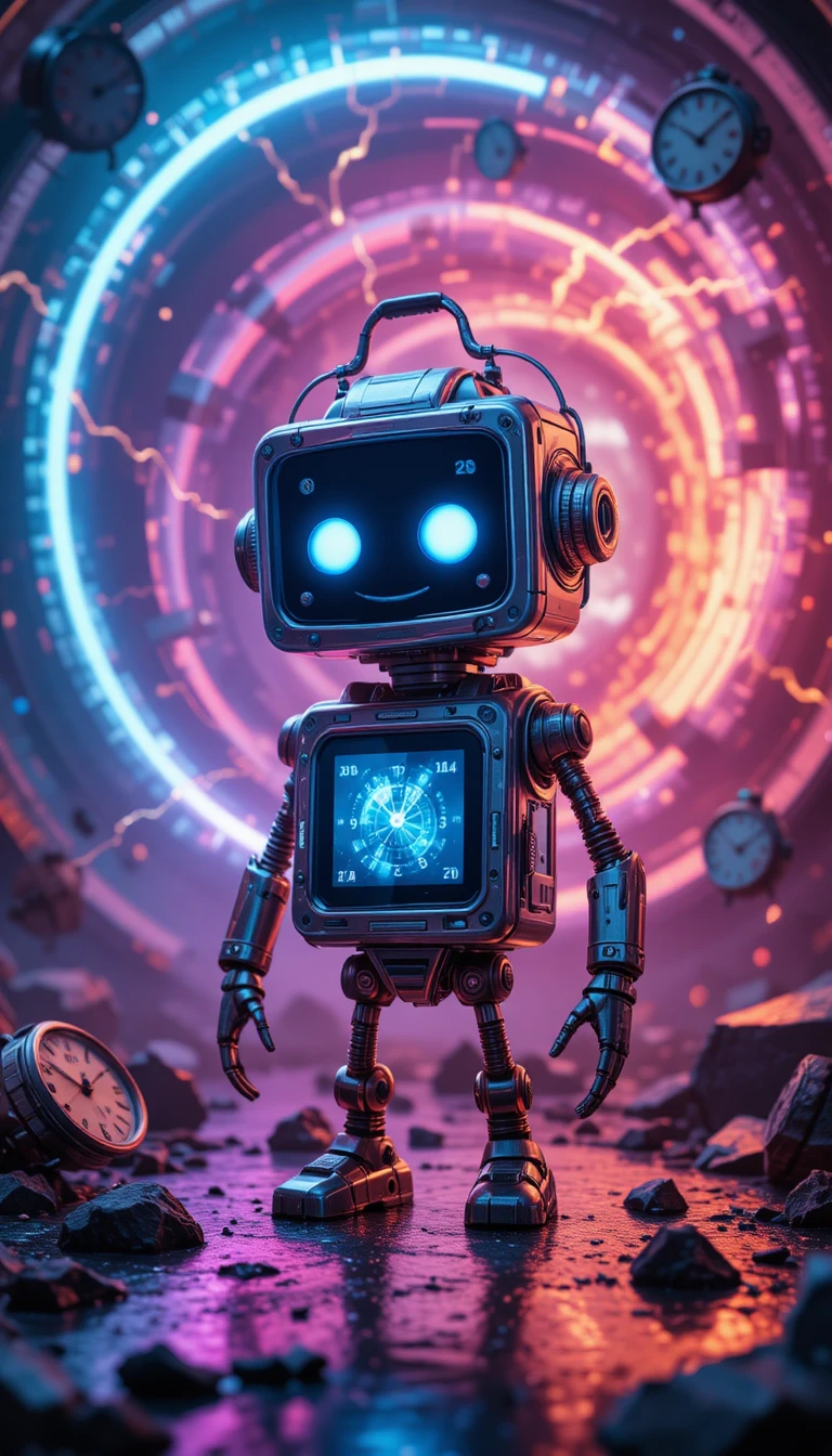 Máquina do tempo falante em vórtice de ficção científica neon