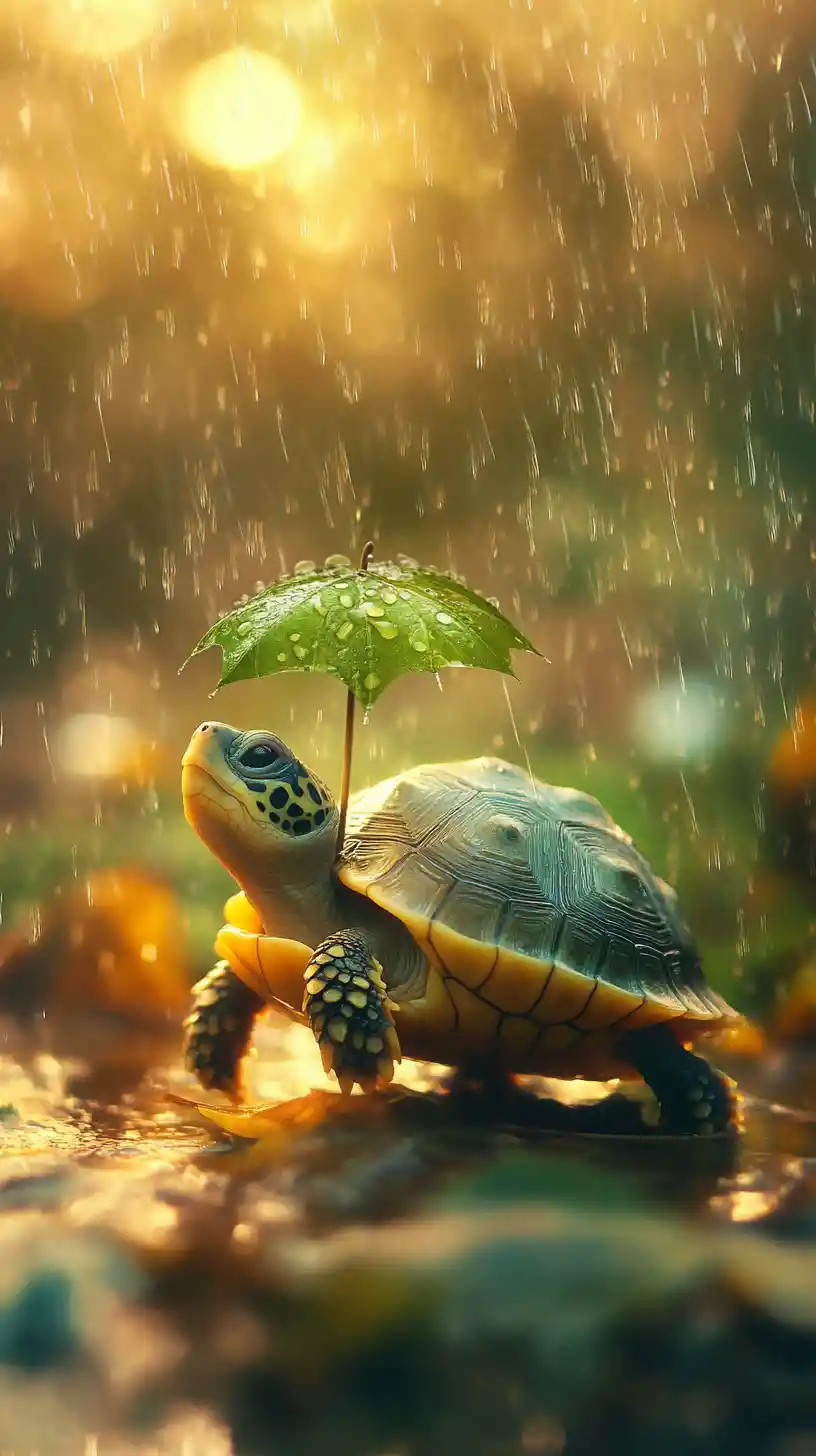 Cute baby turtle walking with a tiny leaf umbrella