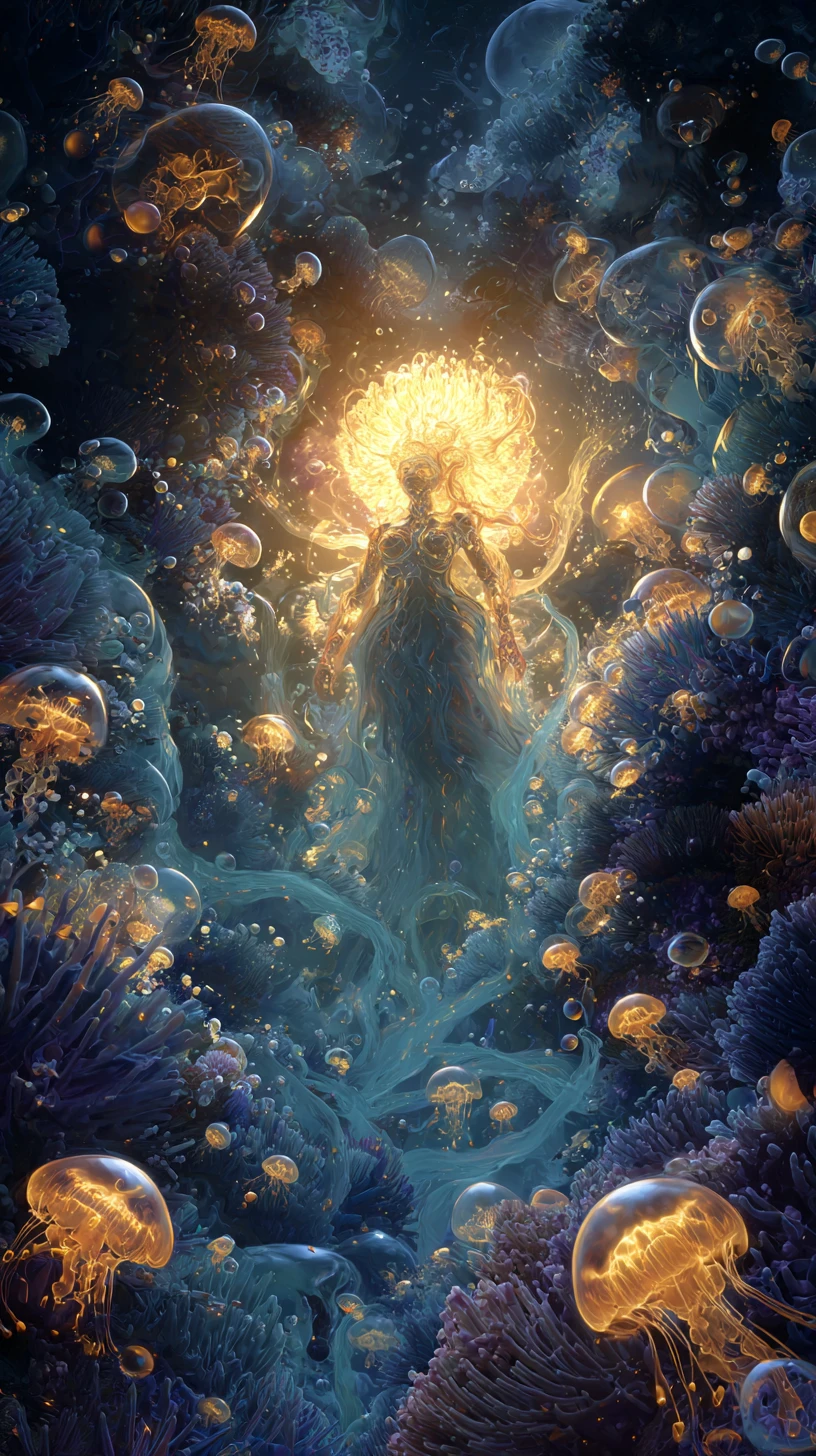 Divindade aquática afrofuturista emergindo das profundezas luminosas do oceano