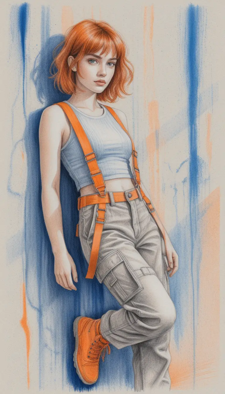 Donna in stile anime con outfit tattico contro un muro di cemento