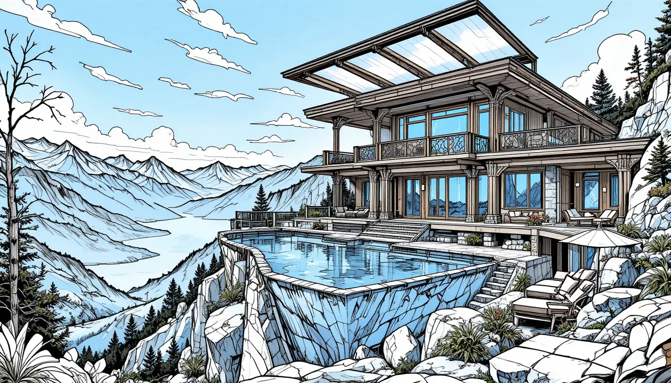 Domaine de montagne de luxe avec sky pool au-dessus de pics rocheux
