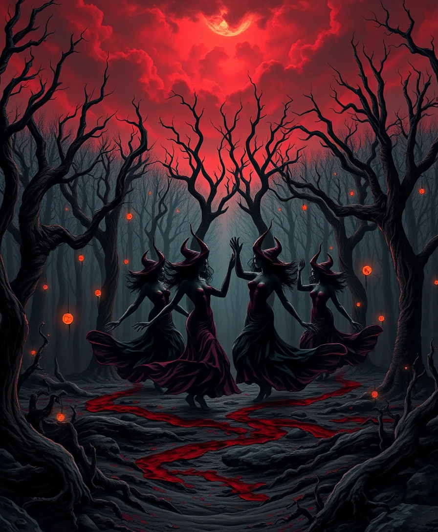 Streghe danzano in una foresta oscura sanguinante sotto cieli rossi