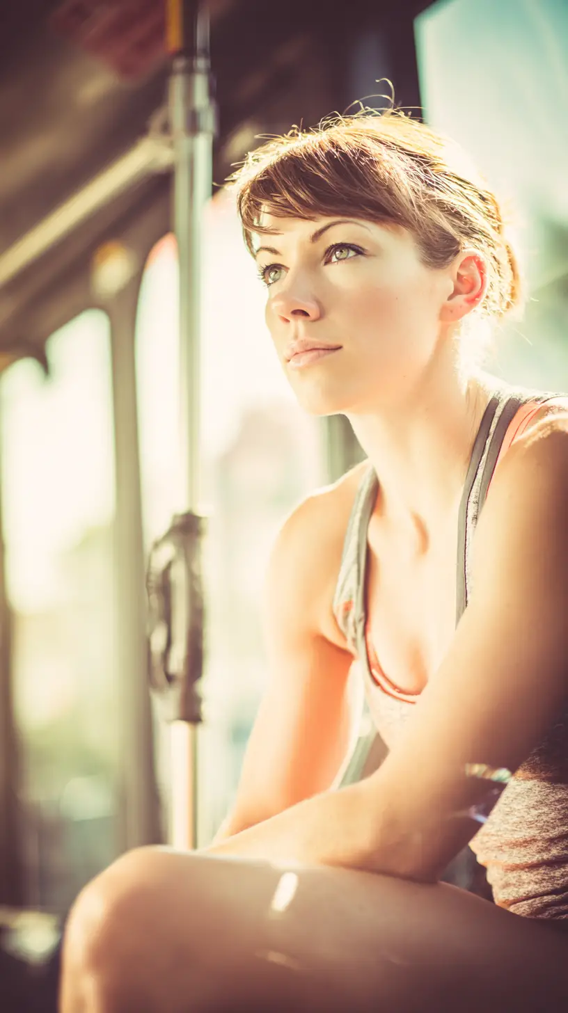 Cinematic morning portrait of a woman riding the bus