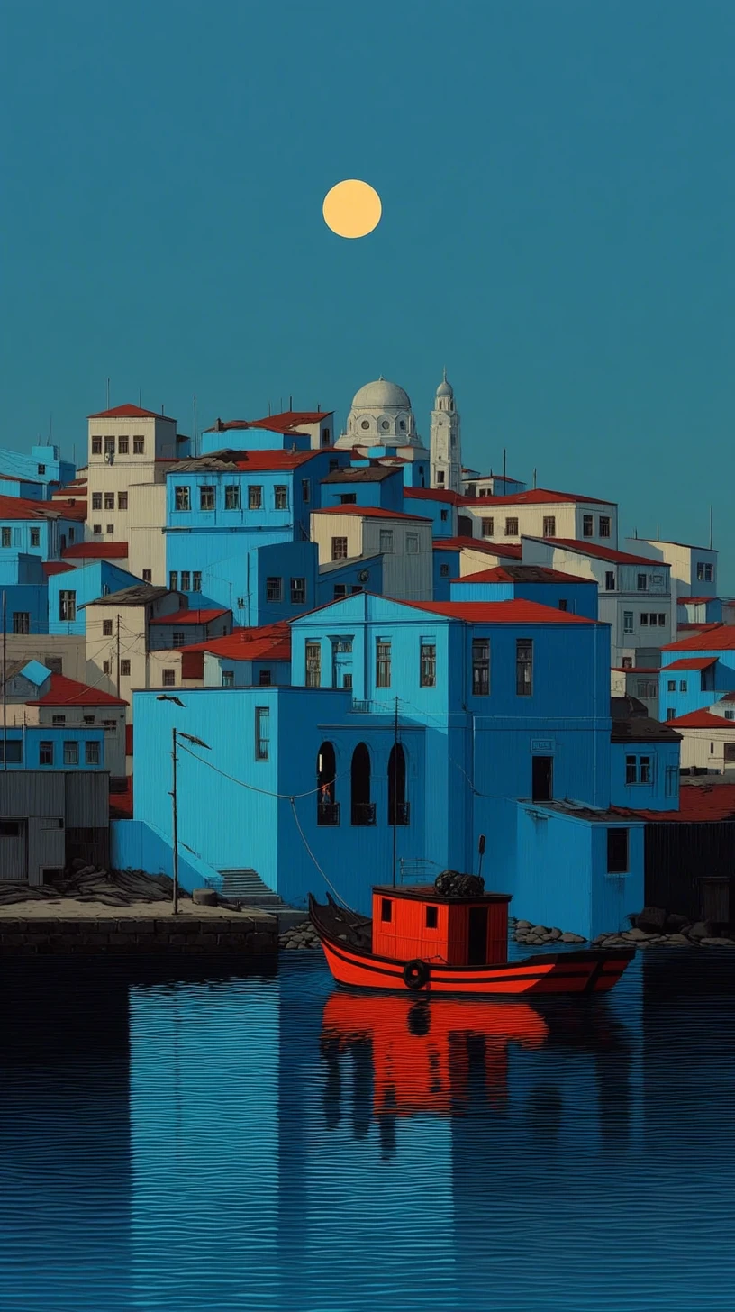 Lune bleue vaporwave au-dessus d’un bateau de pêche orange dans le port
