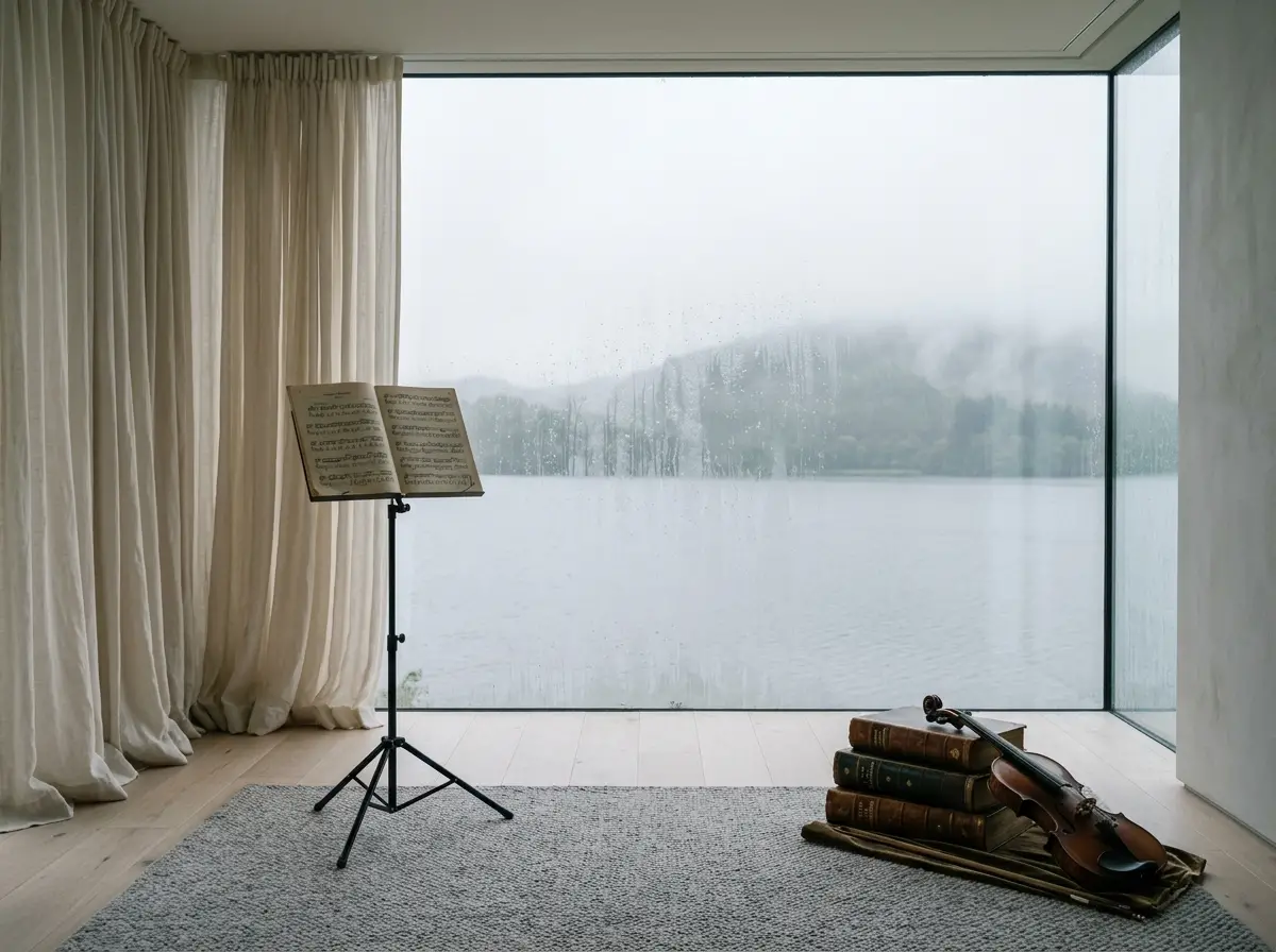 Stanza minimalista con vista su lago nebbioso attraverso una grande finestra