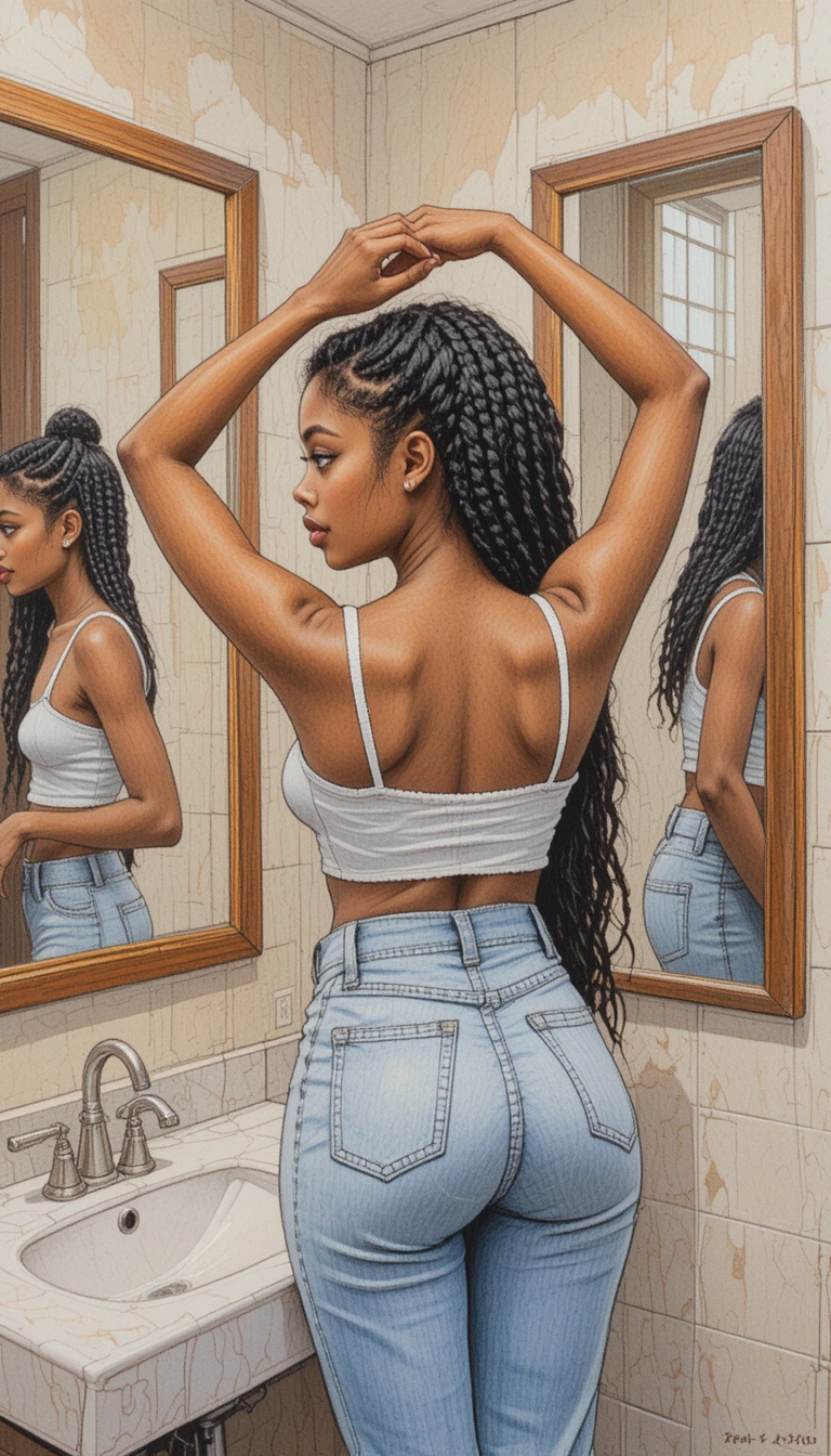 Jeune femme ajustant ses tresses devant le miroir de la salle de bain