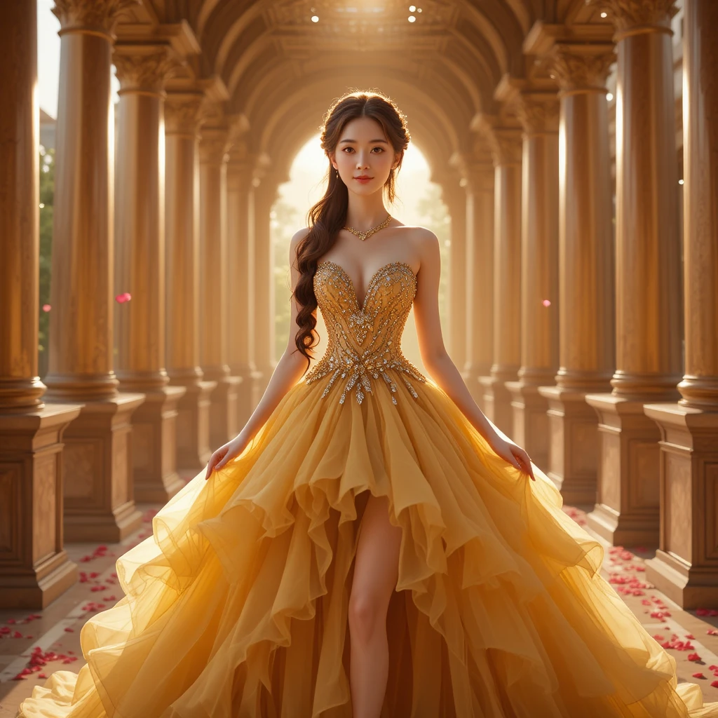 Koreanisches Mädchen im leuchtend gelben Ballkleid auf einem Schlossbalkon