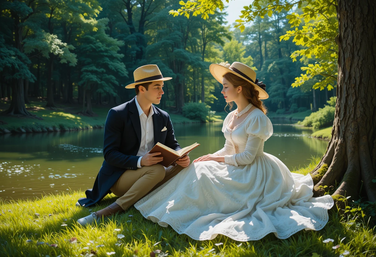 Casal vitoriano lendo junto à beira de um lago tranquilo na floresta