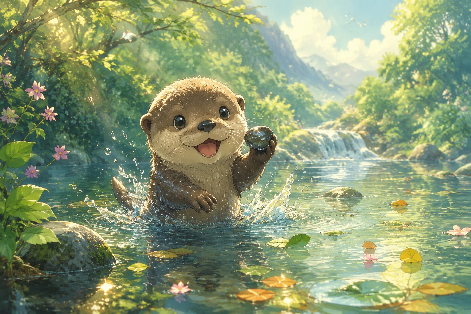 Cucciolo di lontra che sguazza in un placido fiume in stile anime