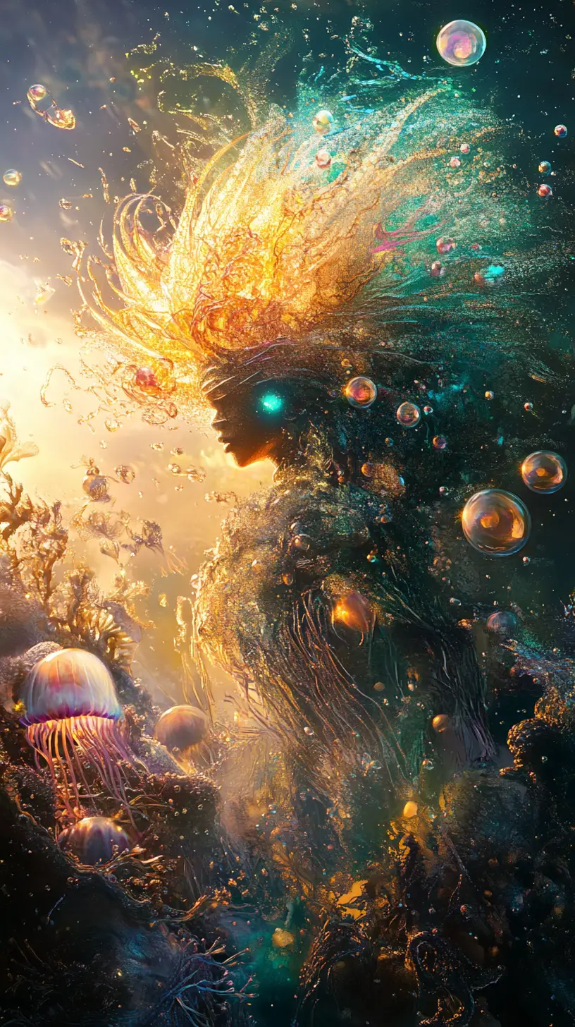 Majestic water deity rising from the dark ocean depths
