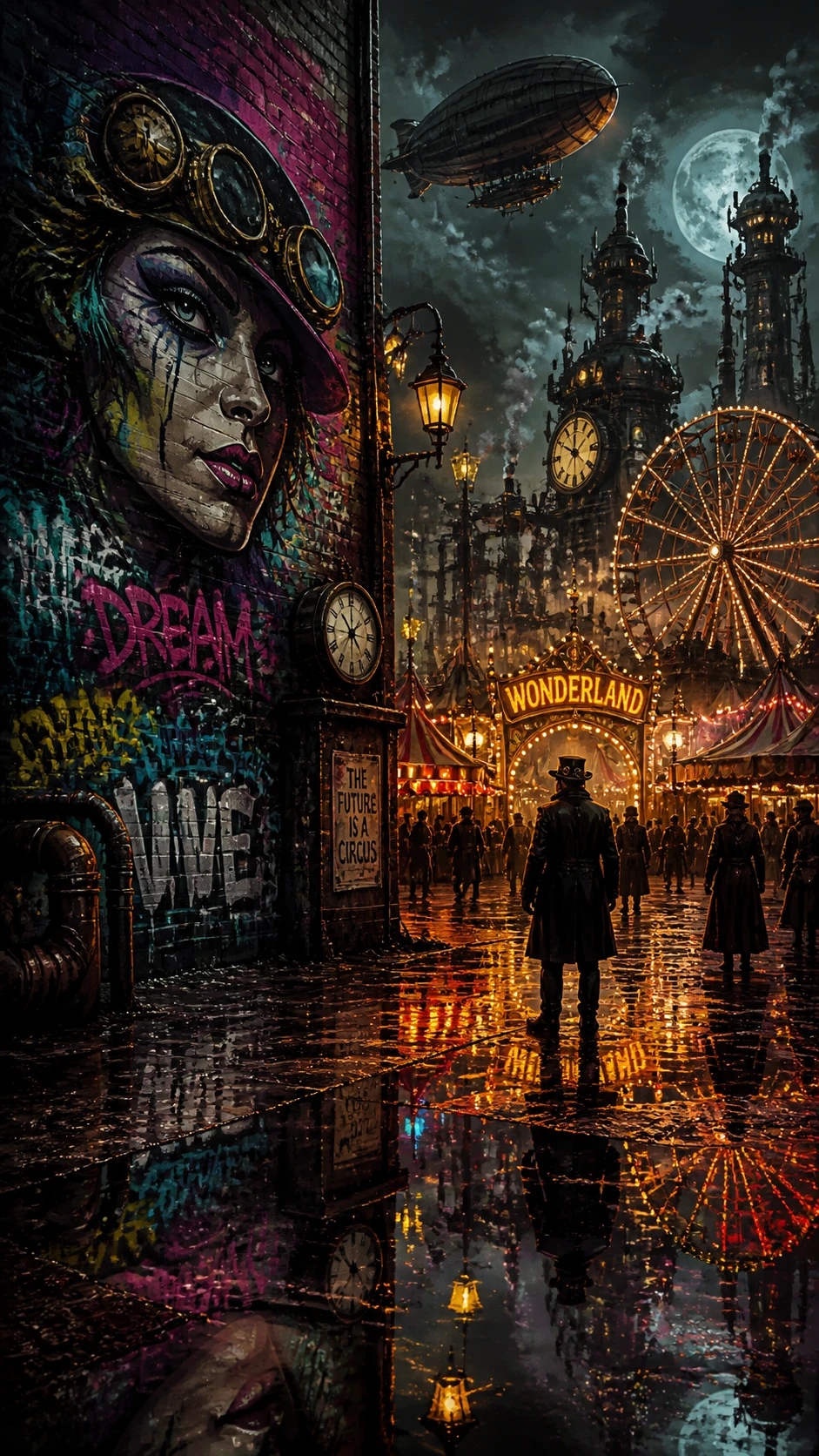 Surreal rainy steampunk city with glowing fairground reflections
