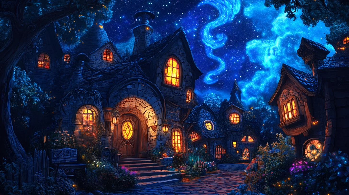 Villaggio fantasy sotto un profondo cielo notturno stellato blu