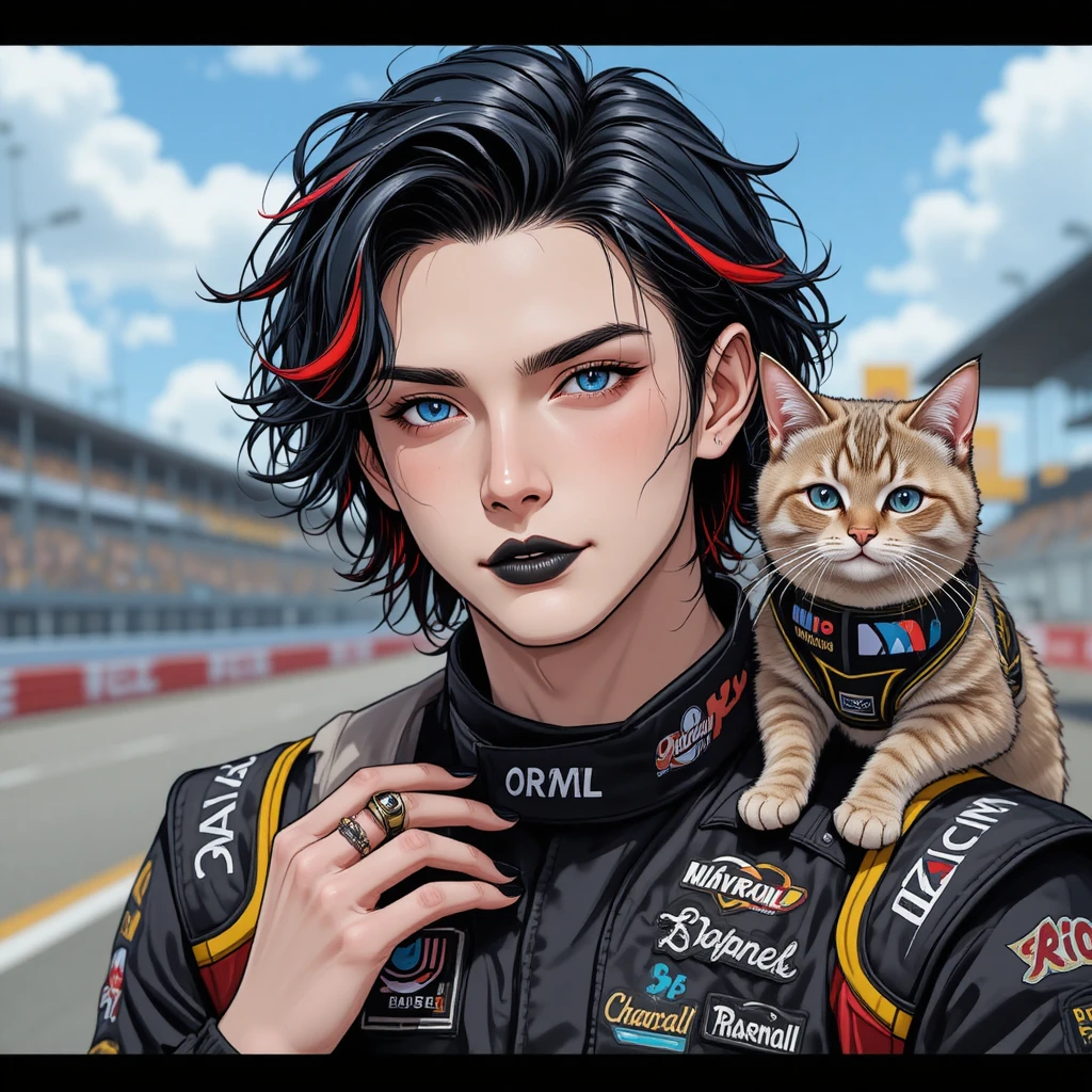 Corredor de anime con cabello colorido y gato de apoyo emocional