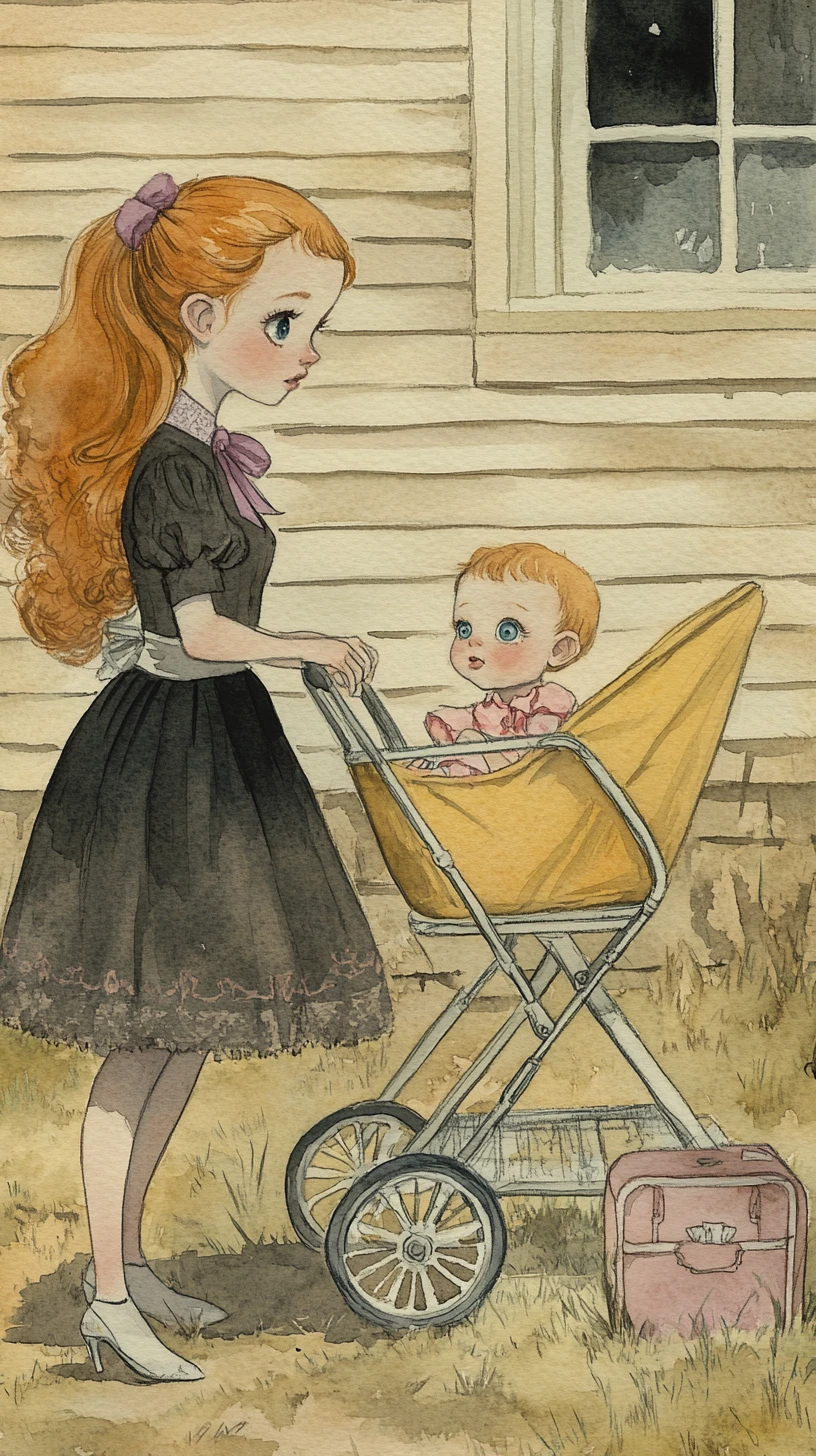 Girl With Vintage Pram In Melancholic Watercolor Scene