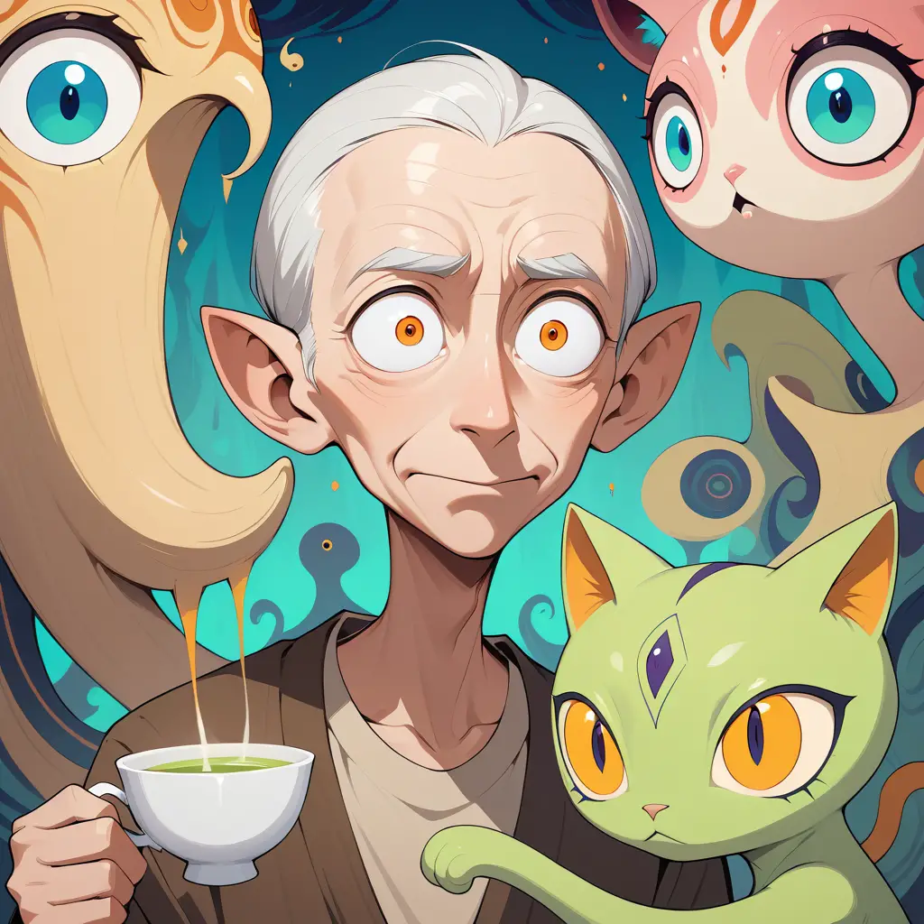 Retrato surreal de anciano de cuello largo con taza de té gigante