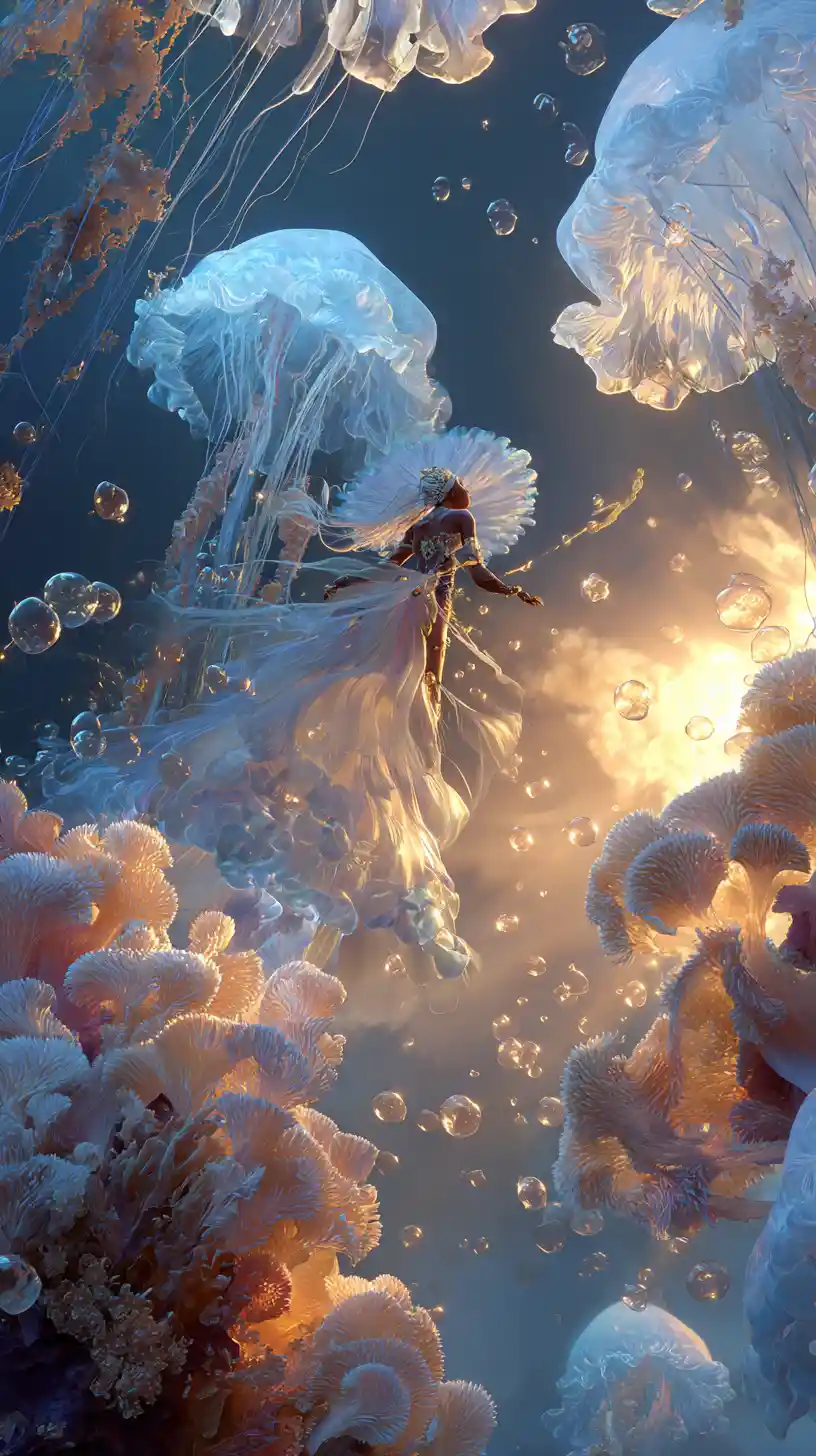 Afrofuturistic water deity rising from the ocean depths