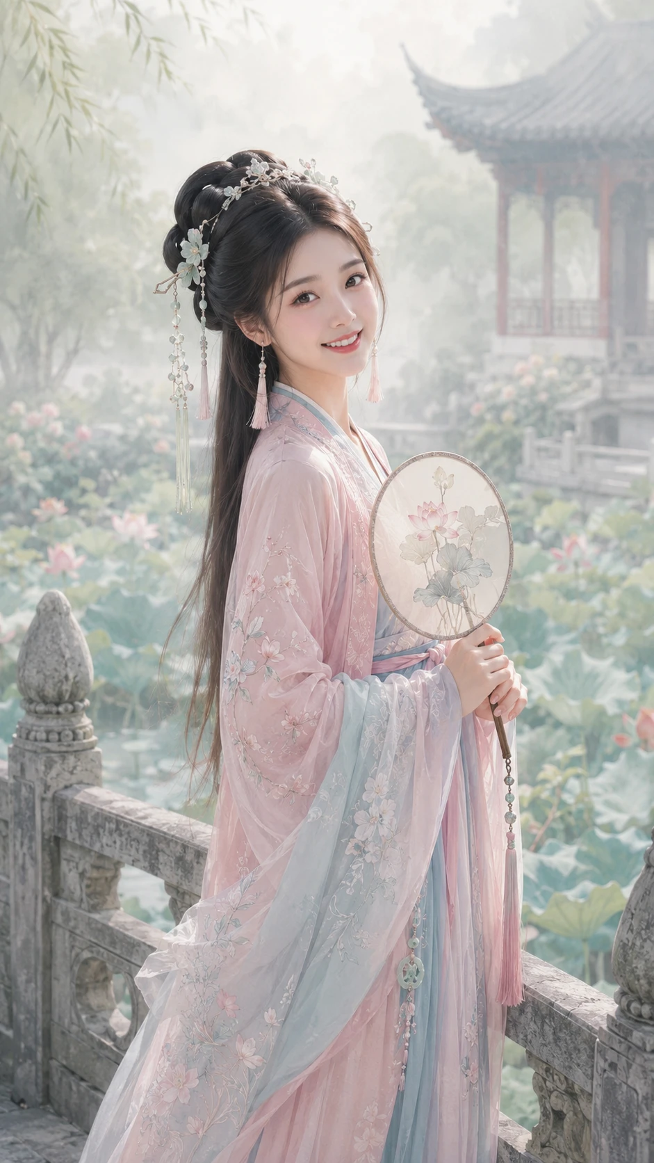 Jovem mulher em hanfu em tons pastéis em uma ponte de jardim enevoada