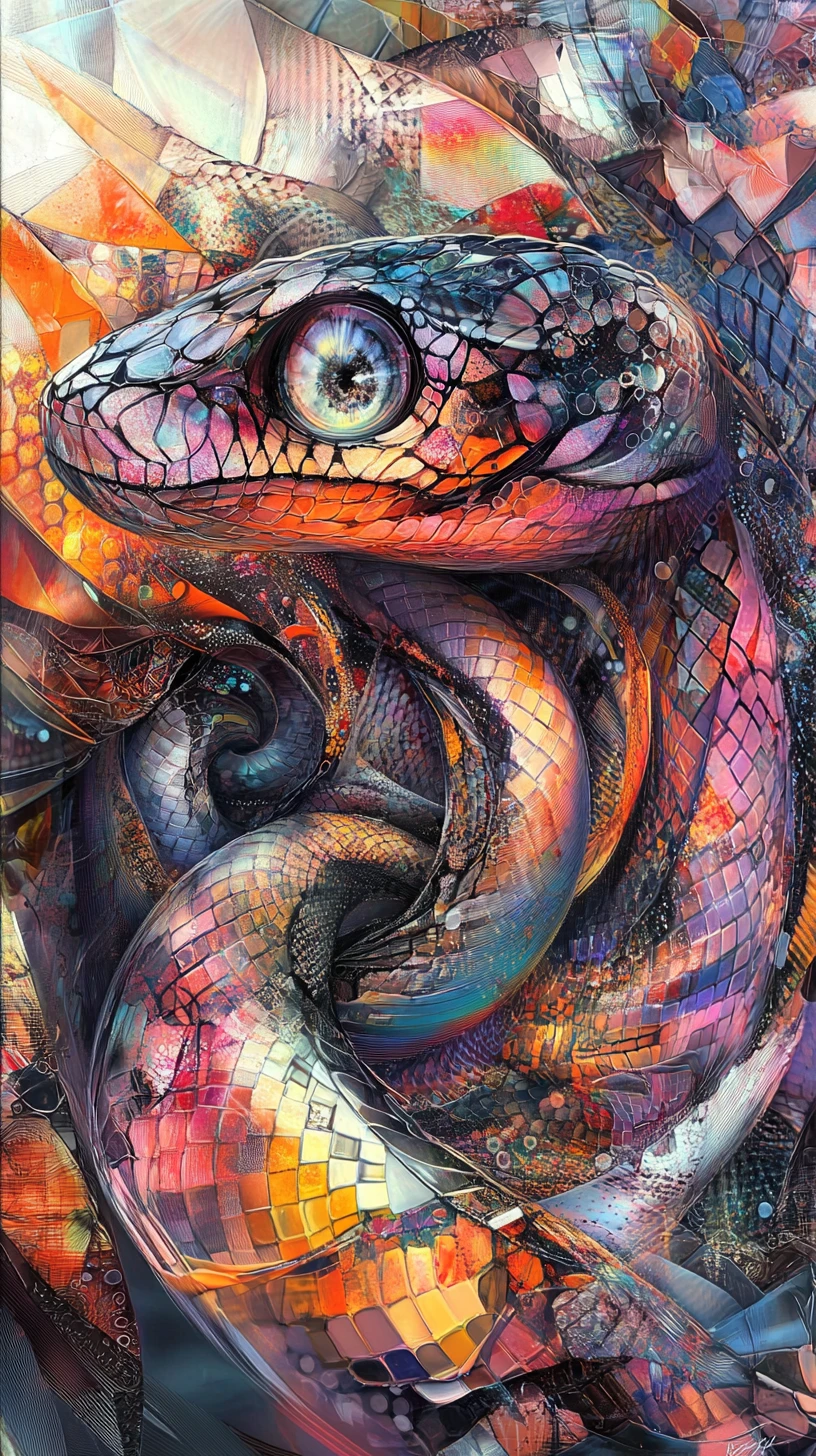 Serpiente surrealista en primer plano con patrones abstractos hipnóticos