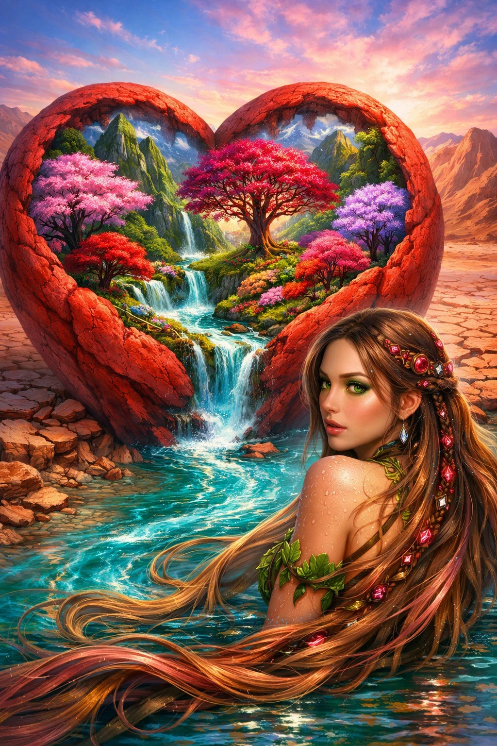 Close de um coração vermelho no deserto acolhendo um mundo de fantasia exuberante